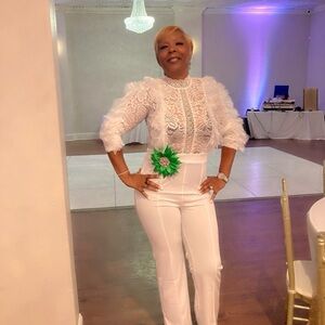 Elegant White Lace Jumpsuit with Green Accent